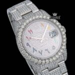 Iced out White dial rainbow Arabic Numerals Moissanite Diamond watch Close Up Dial View