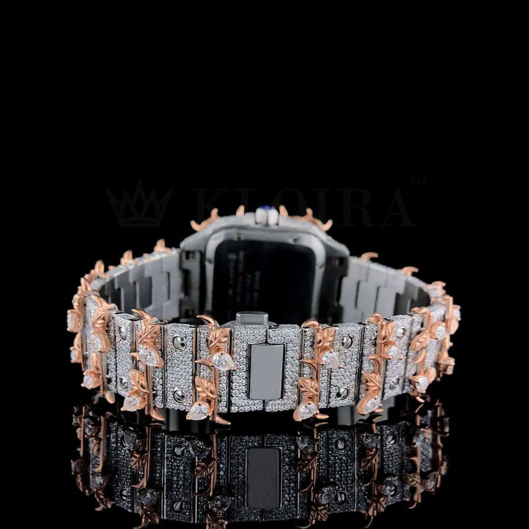 Jesus Thorn Two Tone Rose Gold Roman Numerals Moissanite Diamond Watch Caseback View