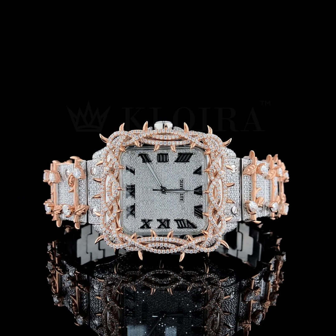 Jesus Thorn Two Tone Rose Gold Roman Numerals Moissanite Diamond Watch Front View