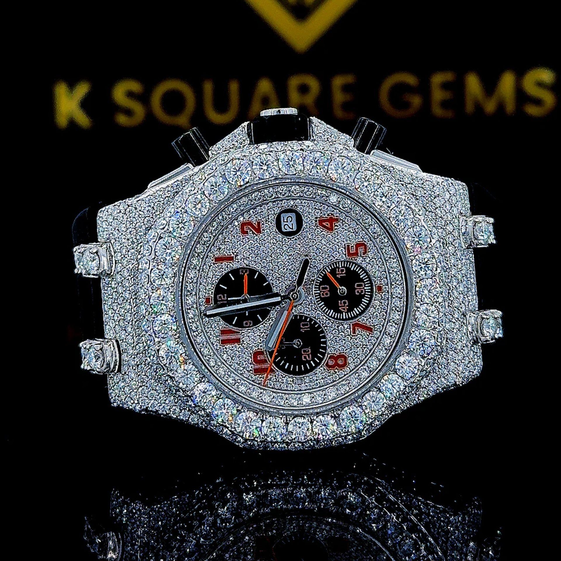 K Square Two Tone Iced Out Chronograph Dial Rubber Strap Customised Moissanite Watch