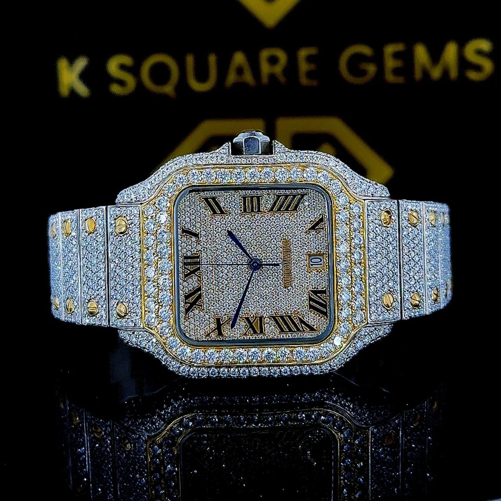 K Square Two Tone Iced Out Roman Numerals Customised Moissanite Watch