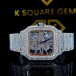 K Square Two Tone Iced Out Skeleton Dial Customised Moissanite Watch