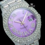 Lavender Dial Roman Numerals Iced Out Moissanite Diamond Watch Close Up Dial View