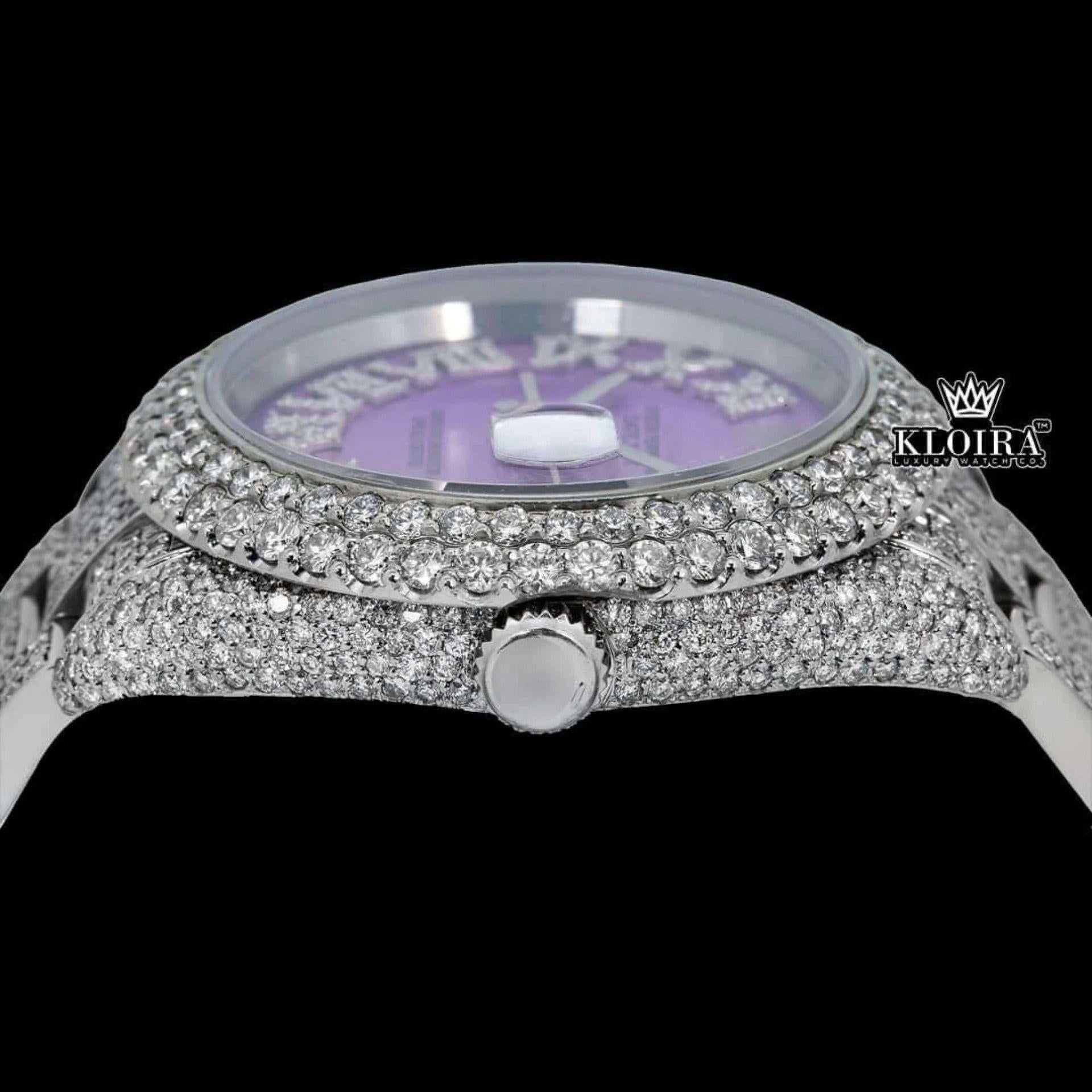 Lavender Dial Roman Numerals Iced Out Moissanite Diamond Watch Crown View