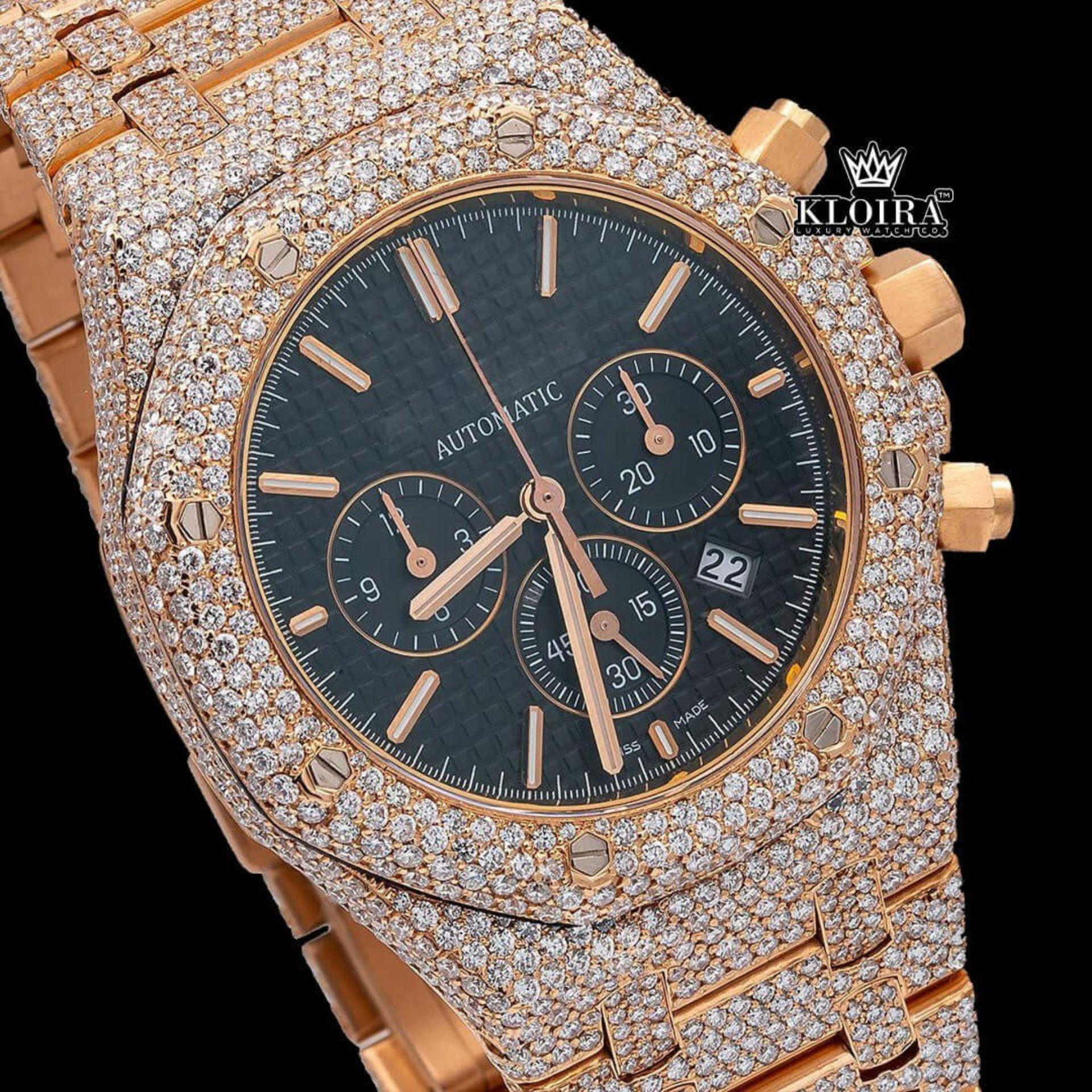 Men's Rose Gold Black Dial Iced Out Moissanite Diamond Watch Close Up Dial View