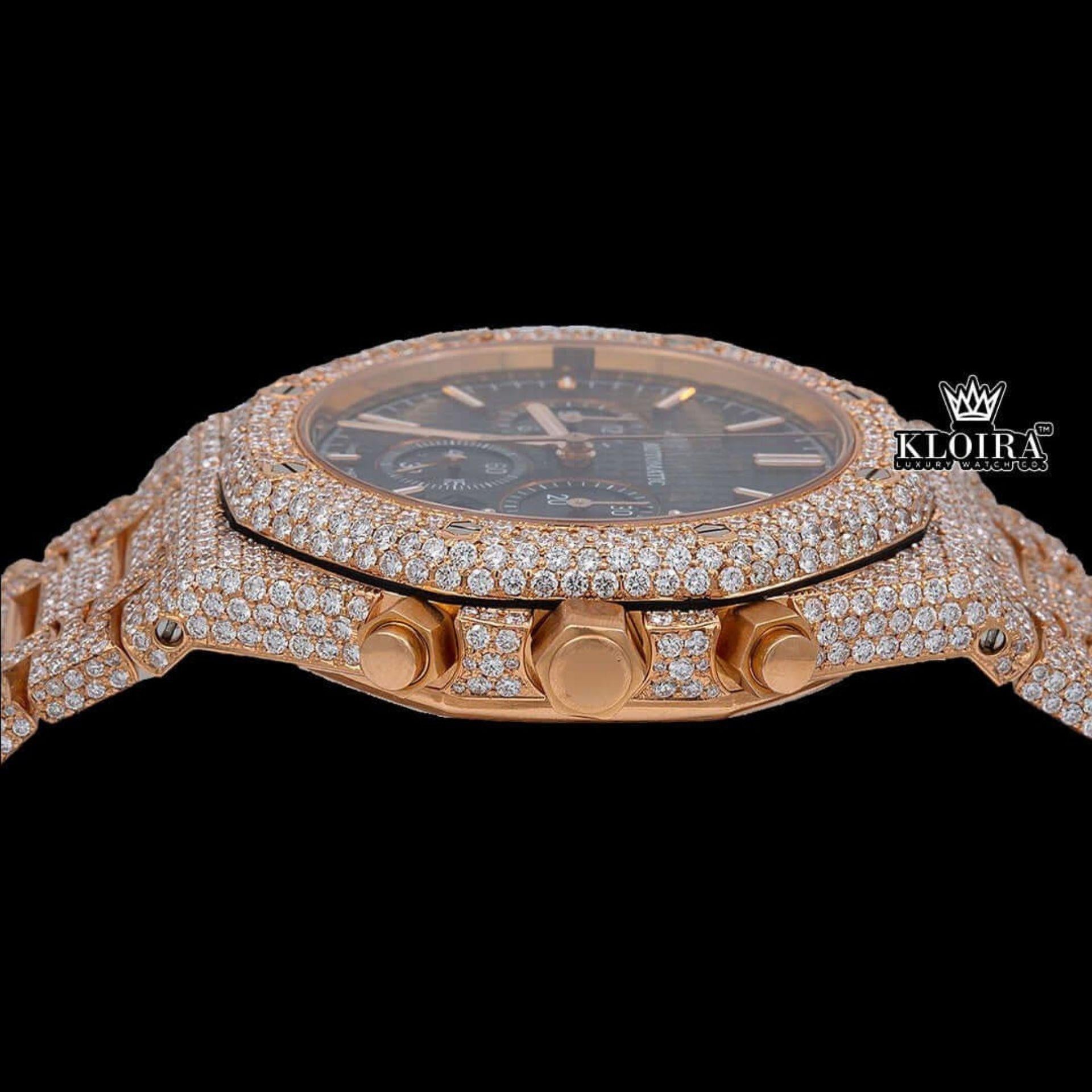 Men's Rose Gold Black Dial Iced Out Moissanite Diamond Watch Crown View