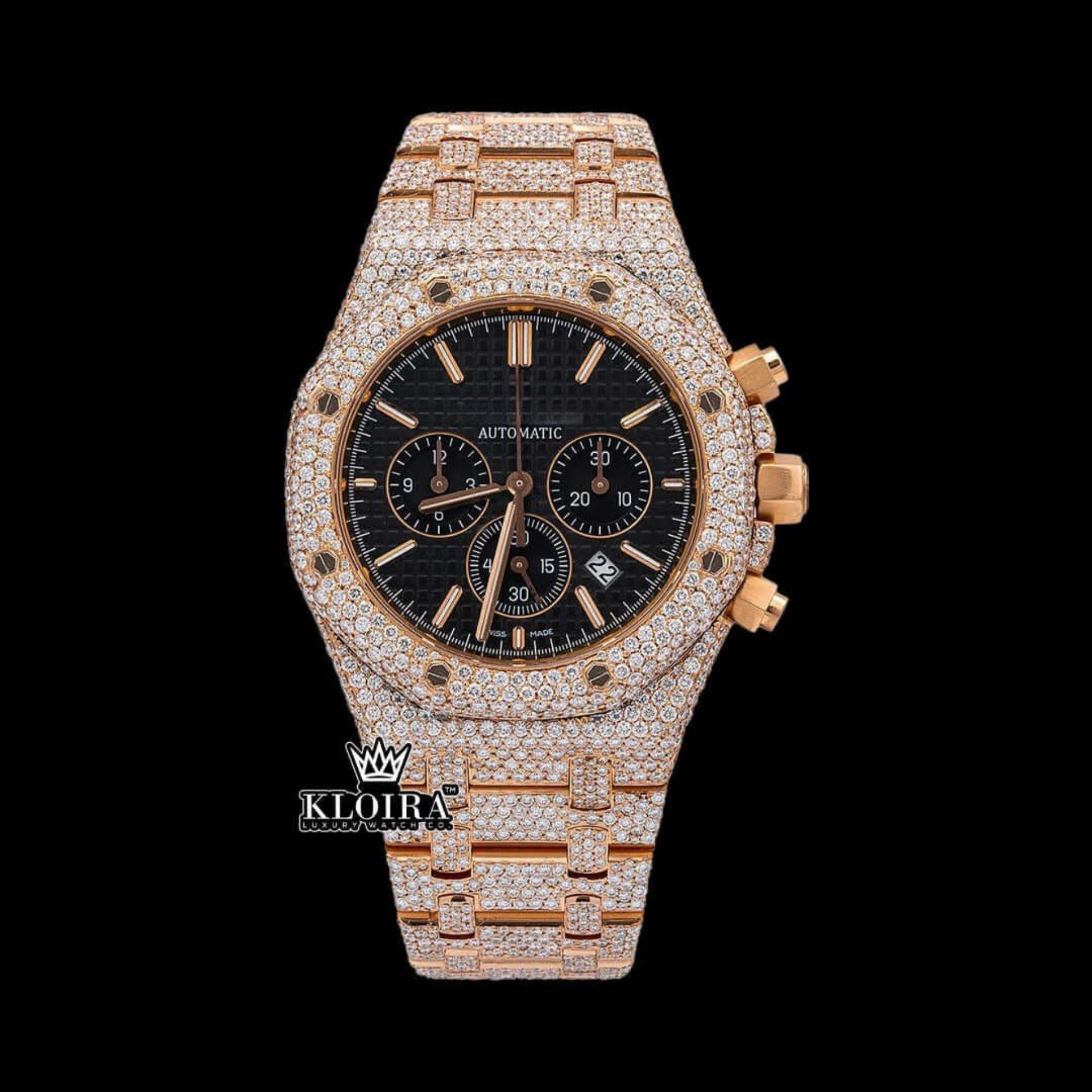 Men's Rose Gold Black Dial Iced Out Moissanite Diamond Watch Front View