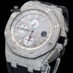 Men's Silver Iced Out Rubber Strap Moissanite Diamond Watch Close Up Dial View