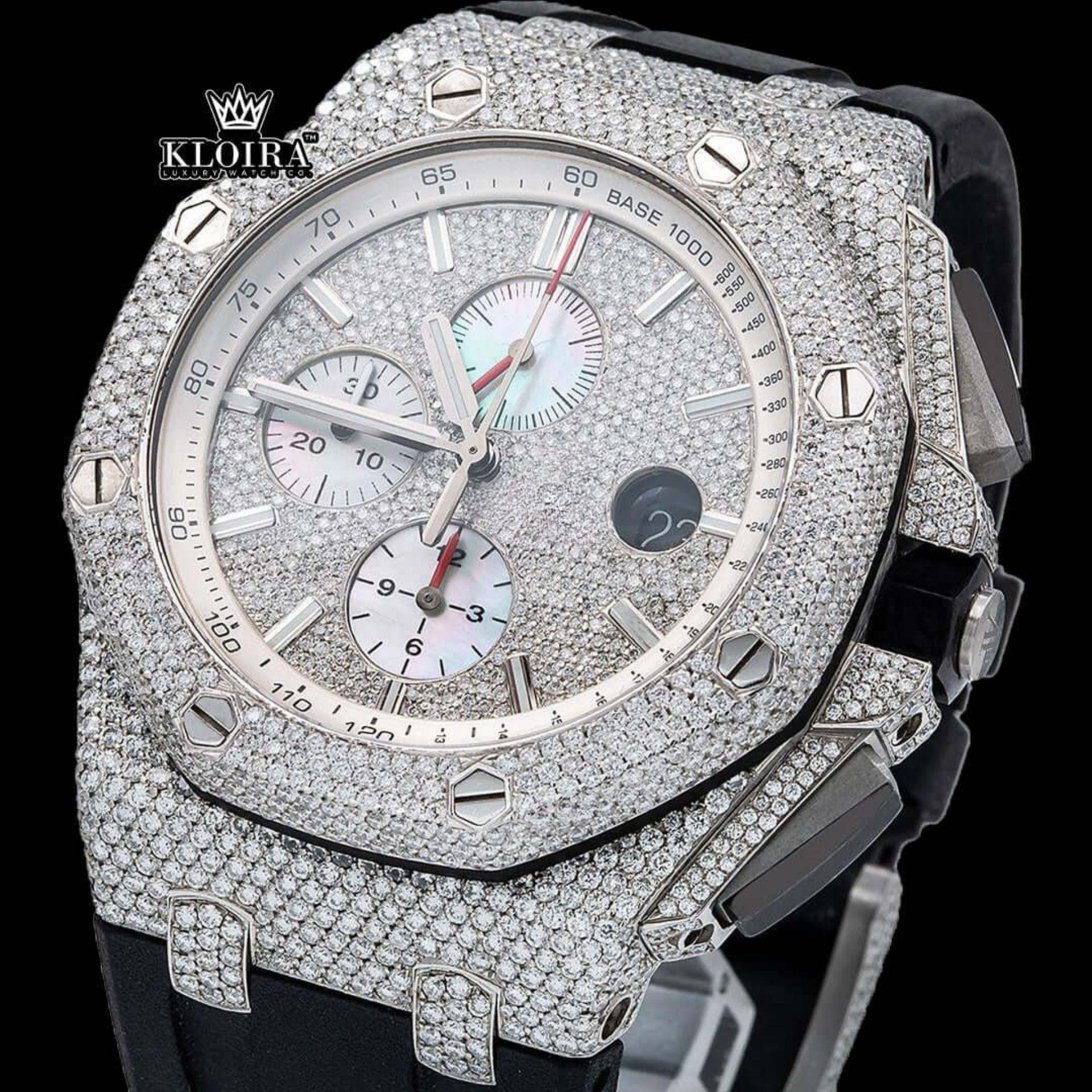 Men's Silver Iced Out Rubber Strap Moissanite Diamond Watch Close Up Dial View