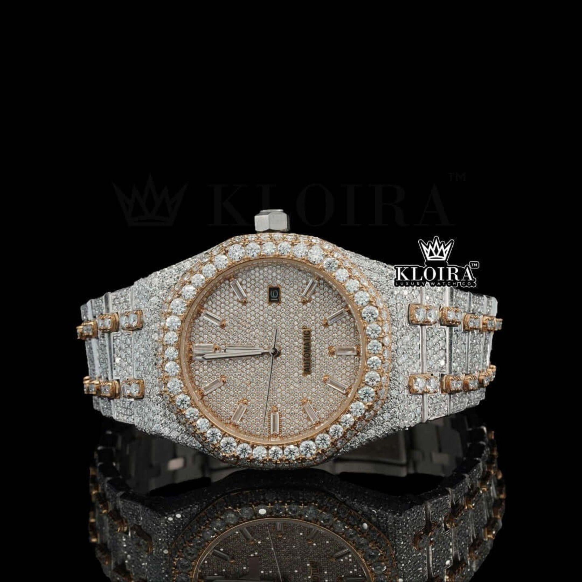 Men's Two Tone Rose Gold Iced Out Moissanite Diamond Watch Front View
