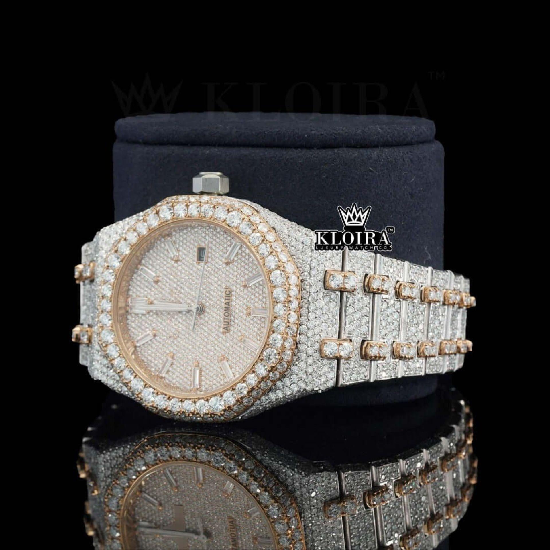 Men's Two Tone Rose Gold Iced Out Moissanite Diamond Watch Left Profile View