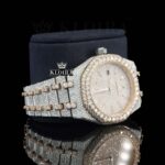 Men's Two Tone Rose Gold Iced Out Moissanite Diamond Watch Right Profile View