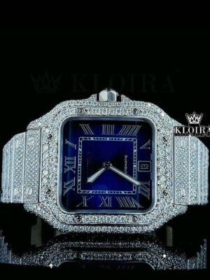 Cartier Santos Roman Numerals Blue Dial Fully Iced Moissanite Watch