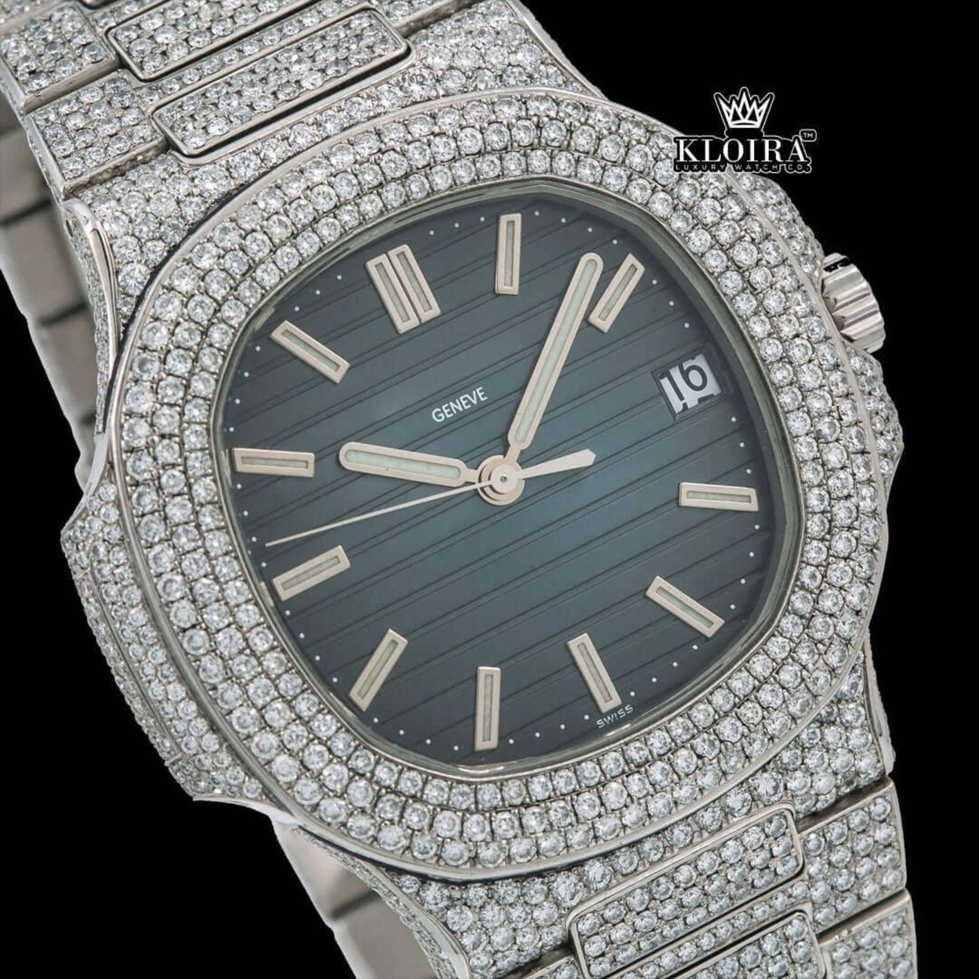 Mens Patek Philippe Moissanite Watch Front Face Close Up View