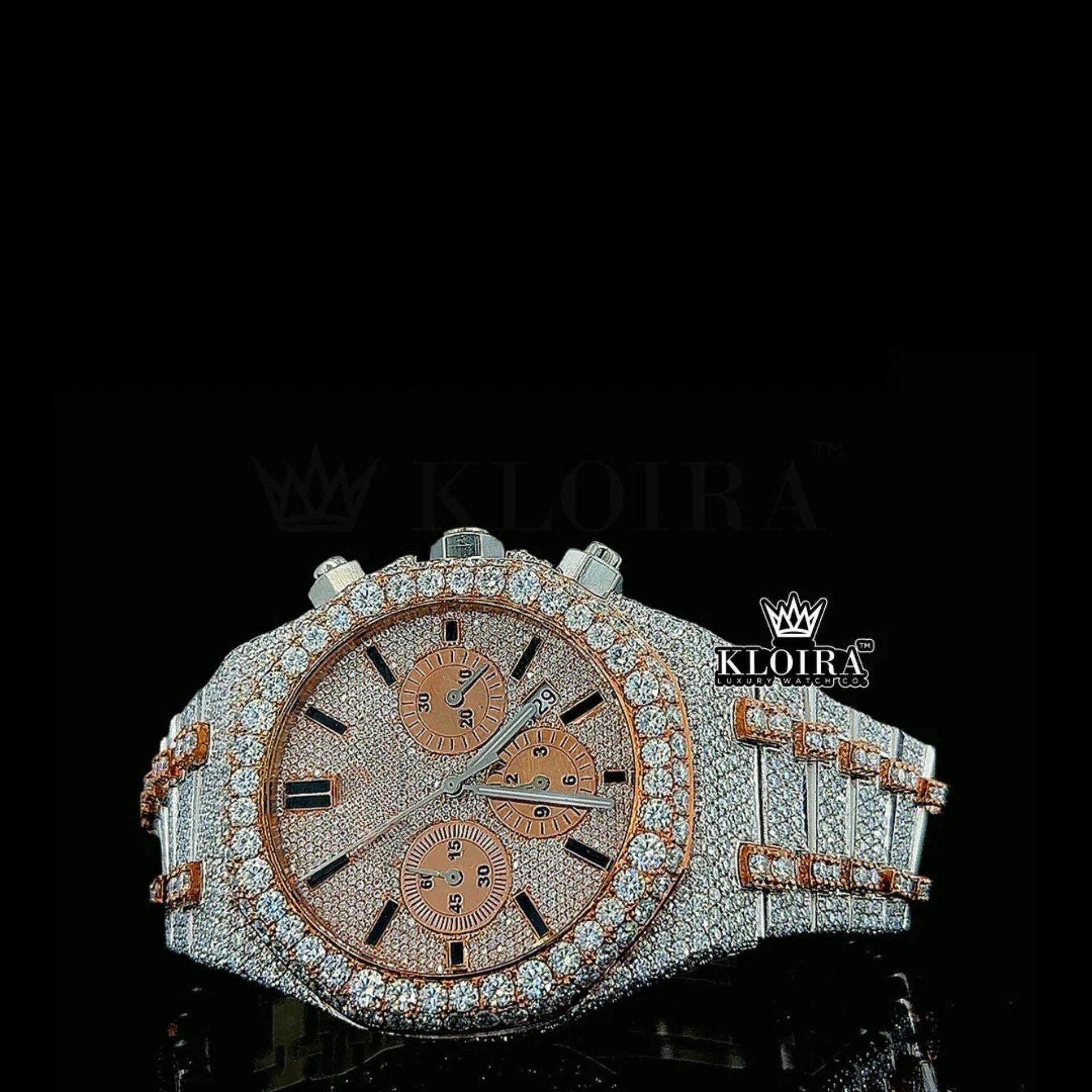 Mens Rose Gold Fully Iced Out Chronograph Moissanite Watch Left Profile View