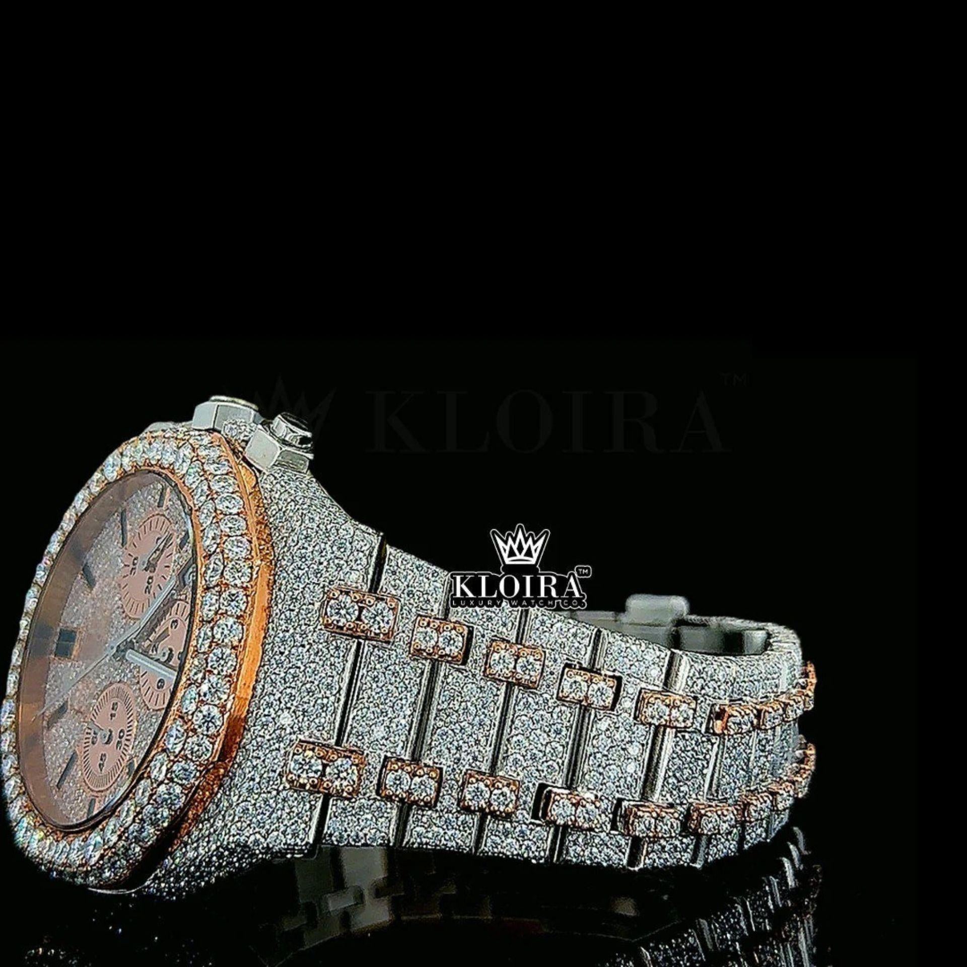 Mens Rose Gold Fully Iced Out Chronograph Moissanite Watch Left Side Bracelet View