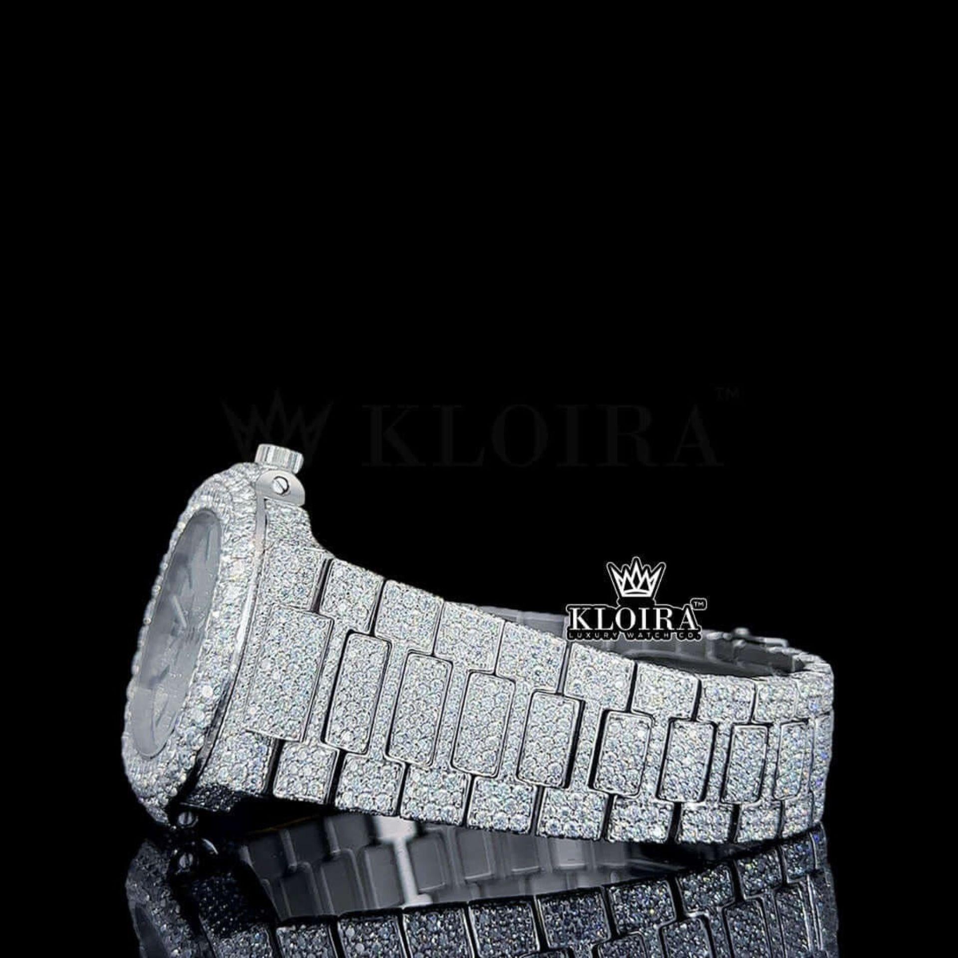 Black Stick Markers White Dial Fully Iced Moissanite Diamond Watch Left Side View