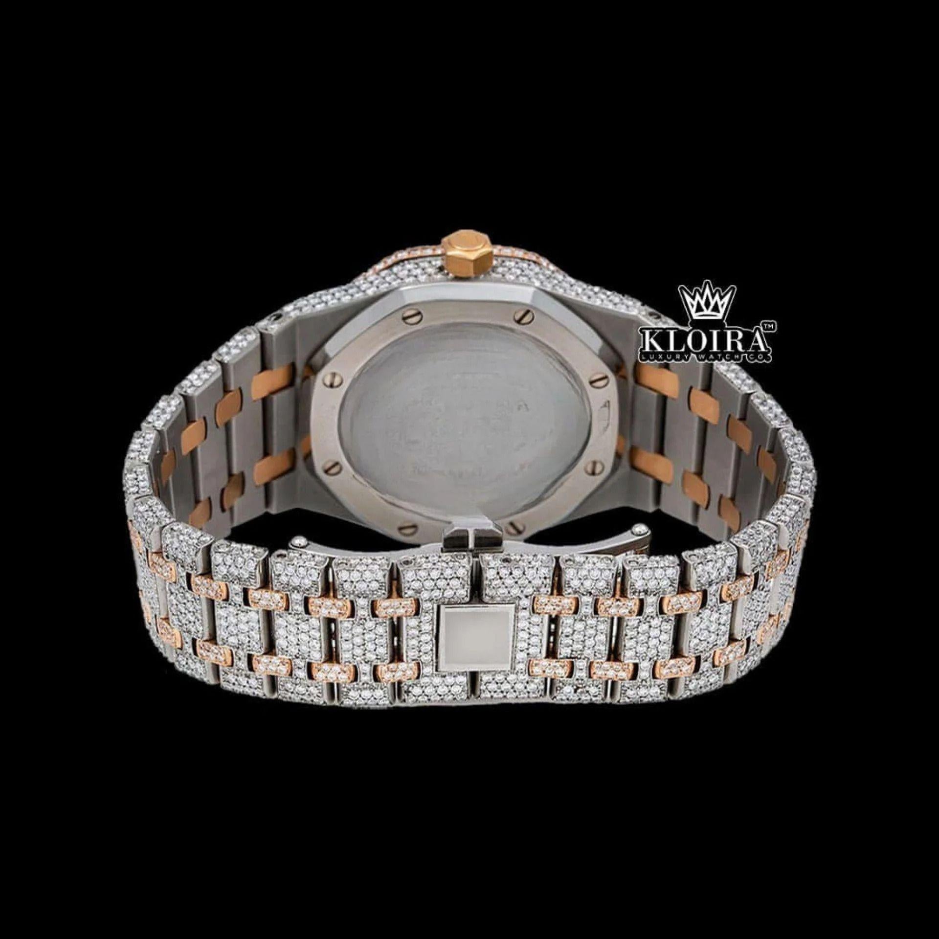 Moonphase White Dial Stick Markers Two Tone Iced Out Moissanite Watch Caseback View