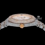 Moonphase White Dial Stick Markers Two Tone Iced Out Moissanite Watch Crown View