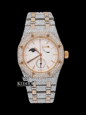 Moonphase White Dial Stick Markers Two Tone Iced Out Moissanite Watch