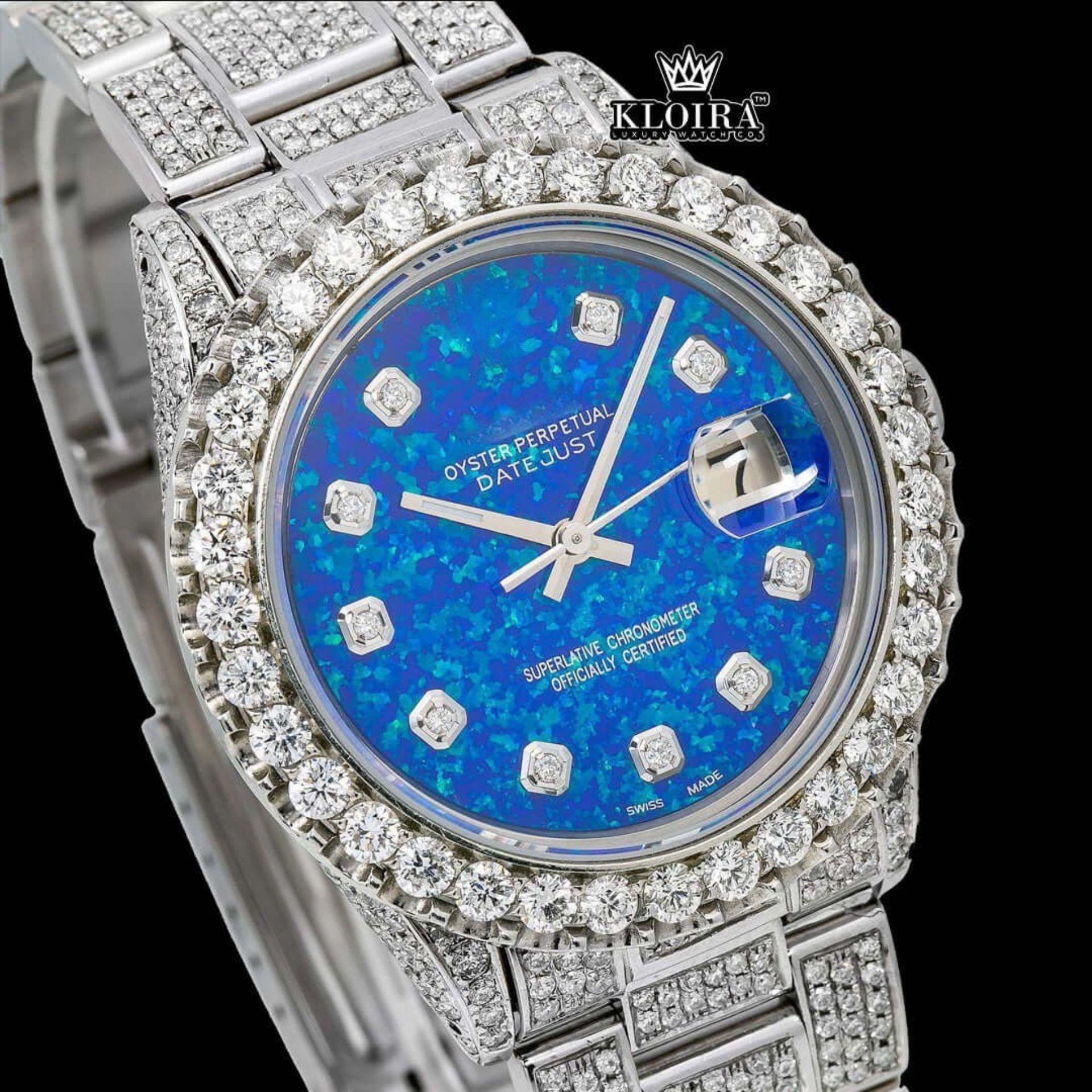 Ocean Blue Dial Diamond Markers Moissanite Diamond Watch Close Up Dial View