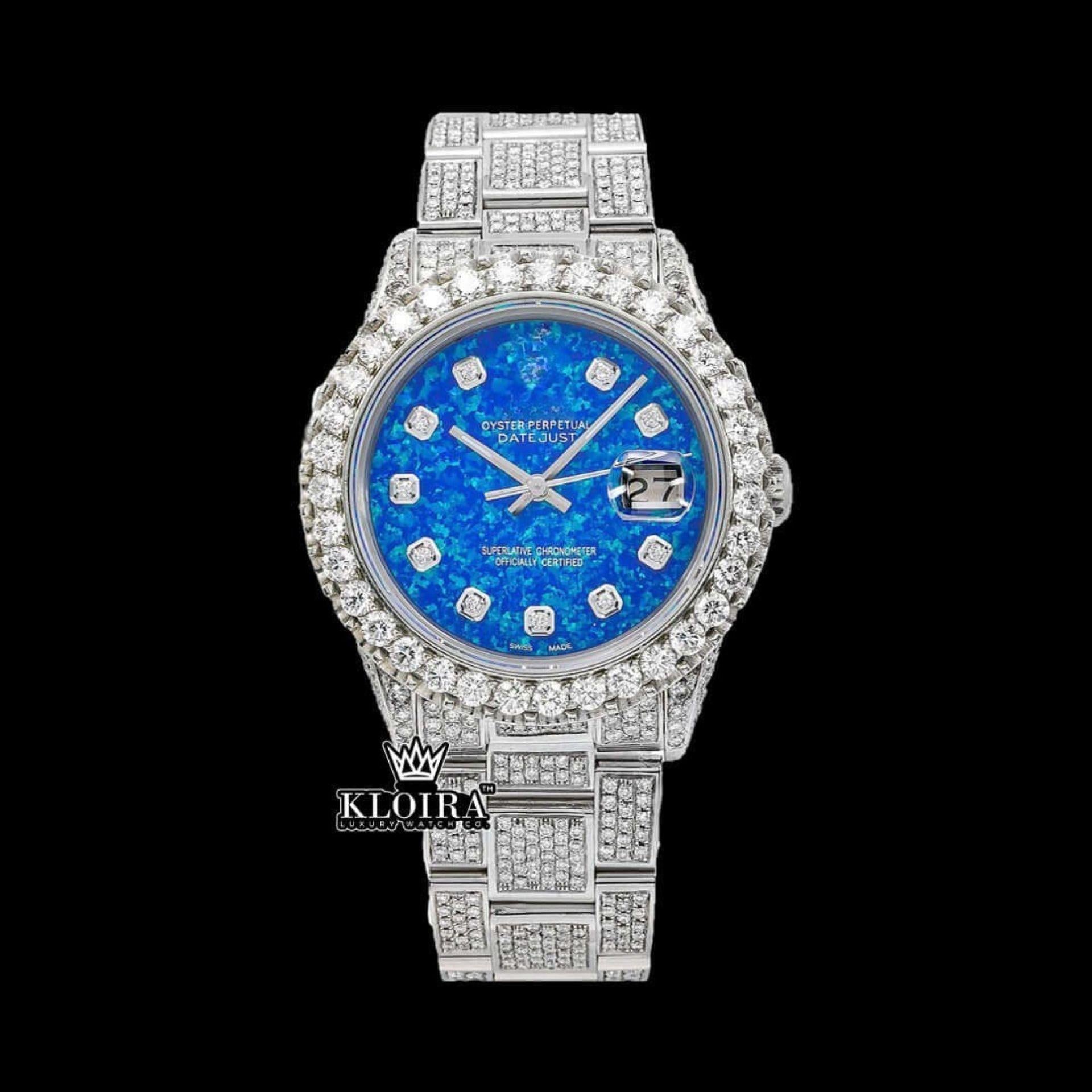 Ocean Blue Dial Diamond Markers Moissanite Diamond Watch Front View
