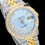 Ocean Blue Dial Roman Numerals Two Tone Moissanite Diamond Watch Close Up Dial View