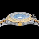 Ocean Blue Dial Roman Numerals Two Tone Moissanite Diamond Watch Crown View