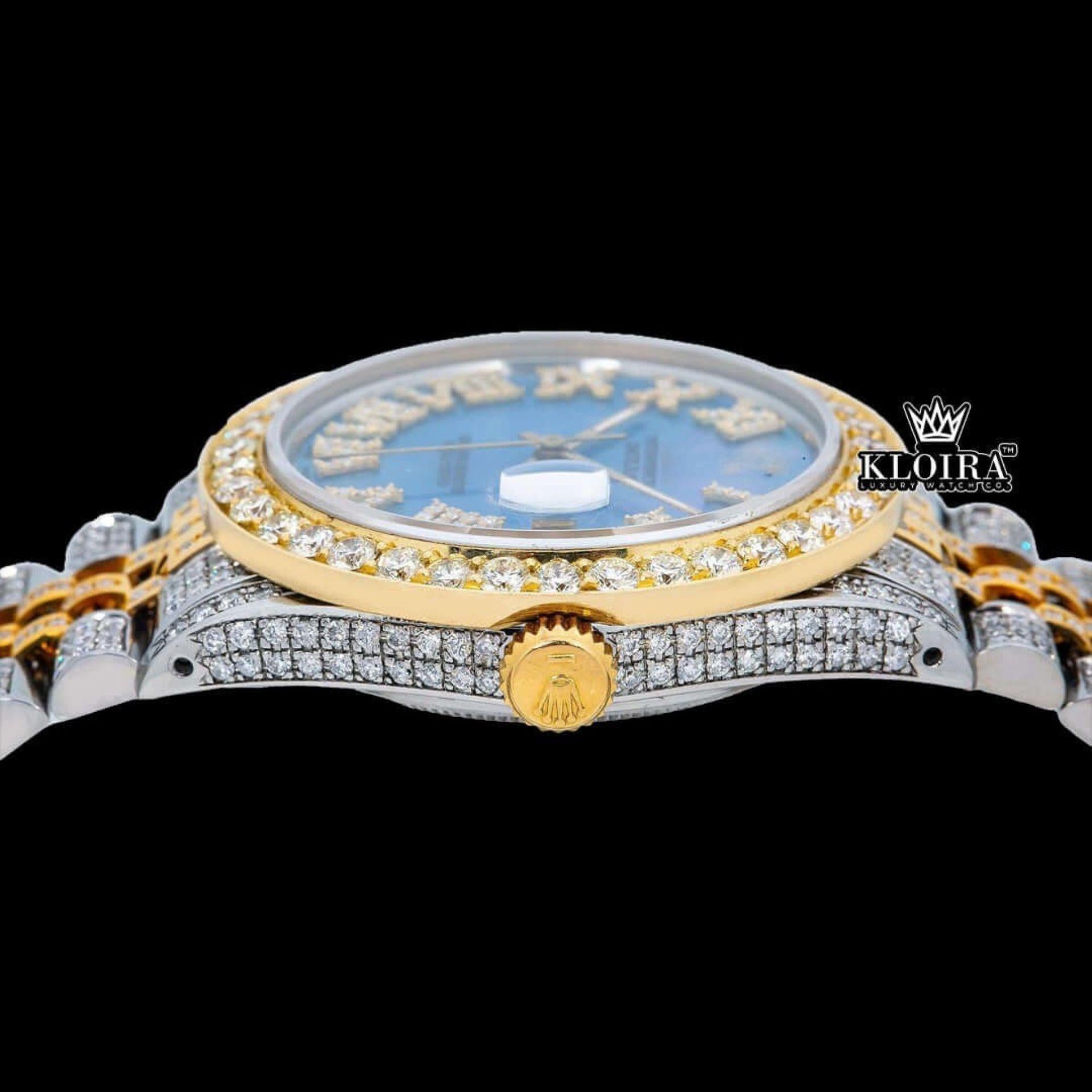 Ocean Blue Dial Roman Numerals Two Tone Moissanite Diamond Watch Crown View