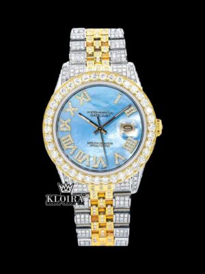 Ocean Blue Dial Roman Numerals Two Tone Moissanite Diamond Watch