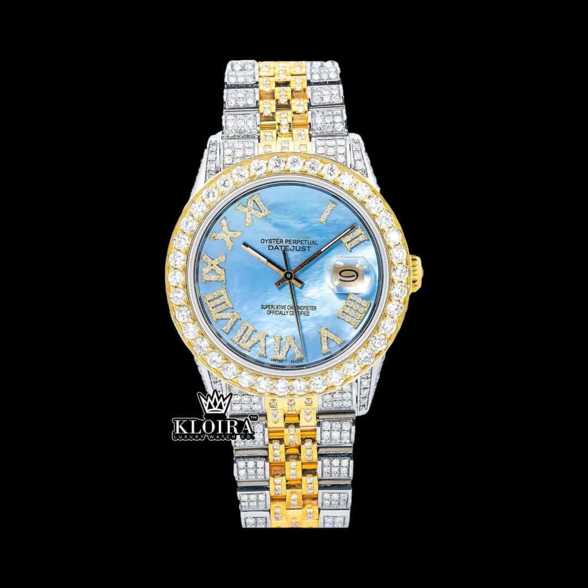 Ocean Blue Dial Roman Numerals Two Tone Moissanite Diamond Watch Front View