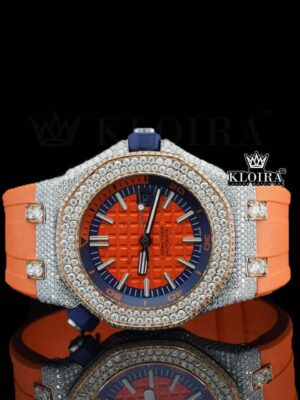 Orange Dial Stick Markers Orange Rubber Strap Moissanite Diamond Watch