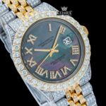 Pearl Green Dial Roman Numerals Two Tone Iced Out Moissanite Watch Close Up Dial View