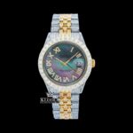 Pearl Green Dial Roman Numerals Two Tone Iced Out Moissanite Watch
