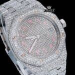 Pink Arabic Numerals Dial Full Iced Out AP Moissanite Watch Close Up Dial View