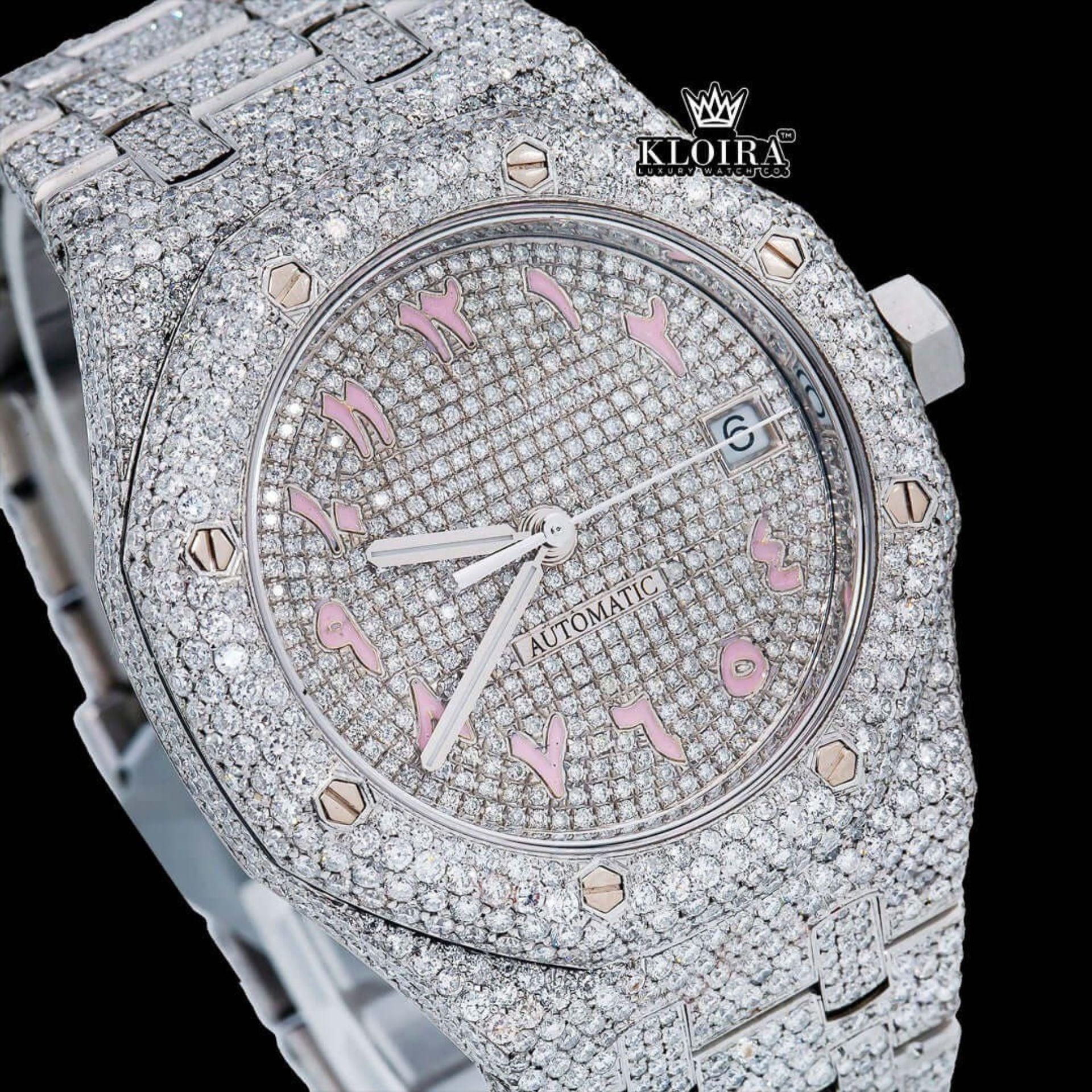 Pink Arabic Numerals Dial Full Iced Out AP Moissanite Watch Close Up Dial View