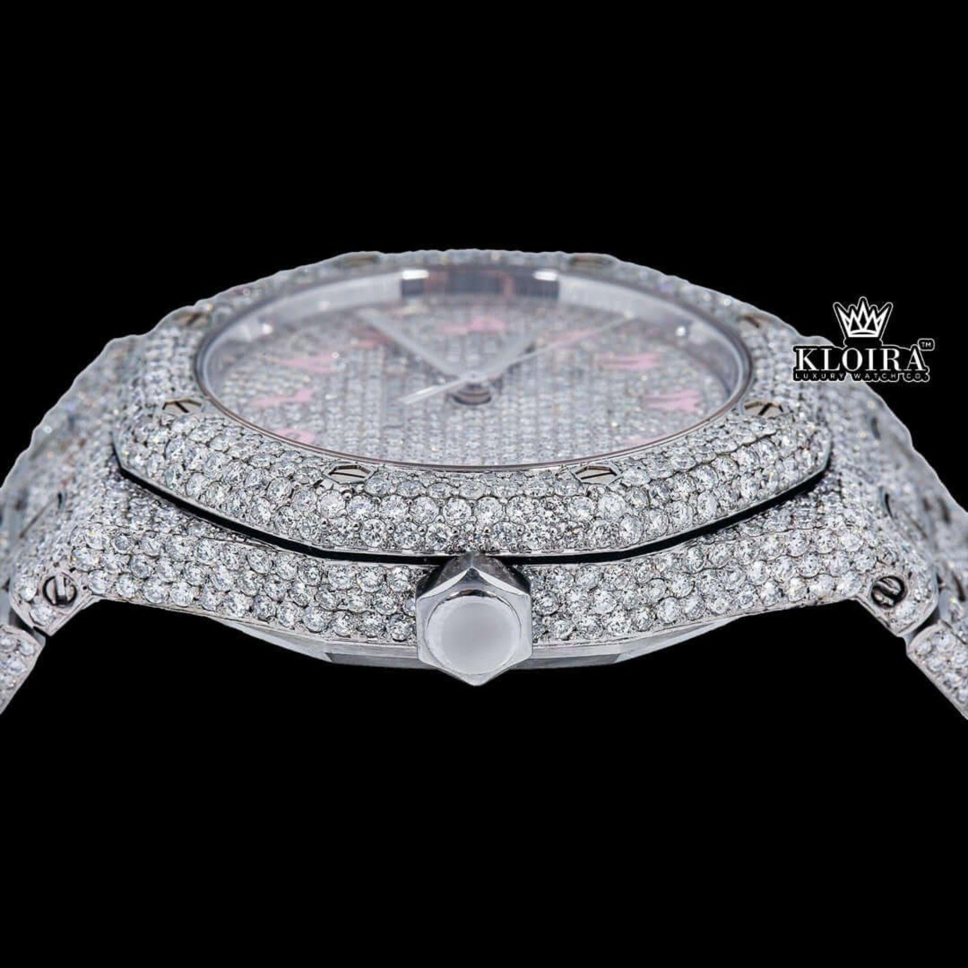 Pink Arabic Numerals Dial Full Iced Out AP Moissanite Watch Crown View