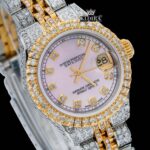 Pink Dial Diamond Markers Two Tone Moissanite Diamond Watch Close Up Dial View