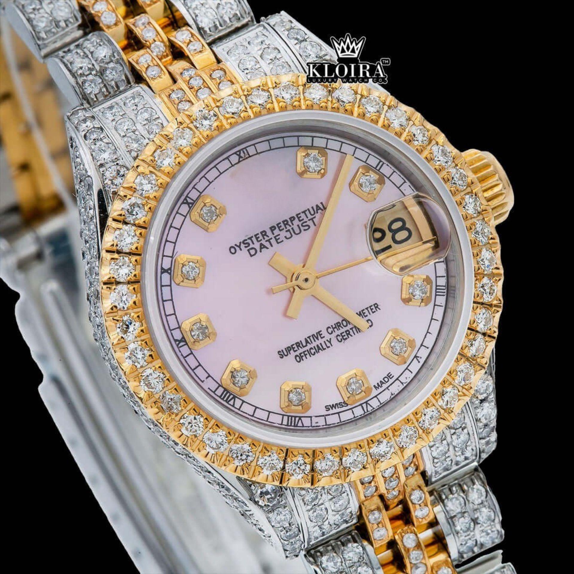 Pink Dial Diamond Markers Two Tone Moissanite Diamond Watch Close Up Dial View
