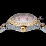 Pink Dial Diamond Markers Two Tone Moissanite Diamond Watch Crown View