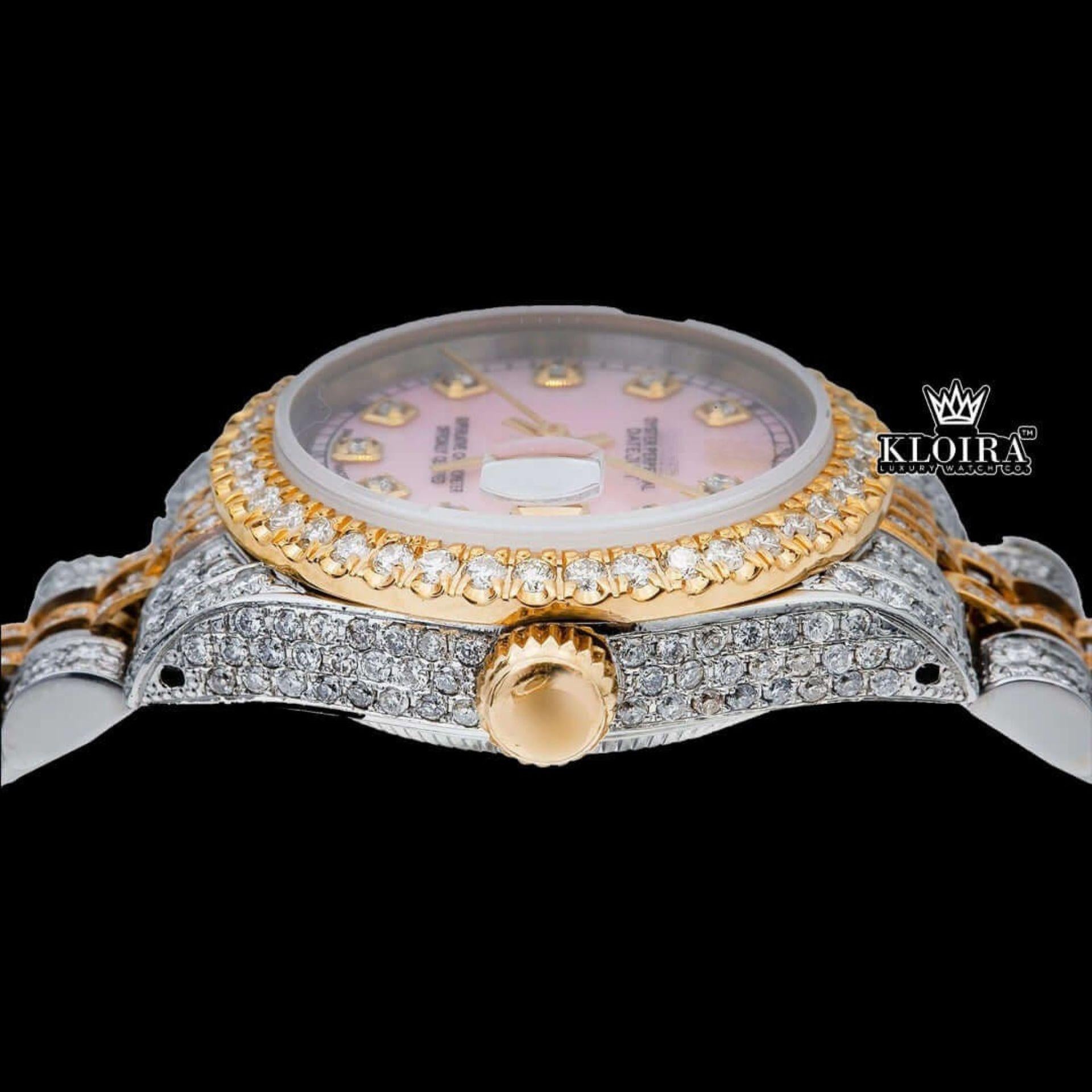 Pink Dial Diamond Markers Two Tone Moissanite Diamond Watch Crown View