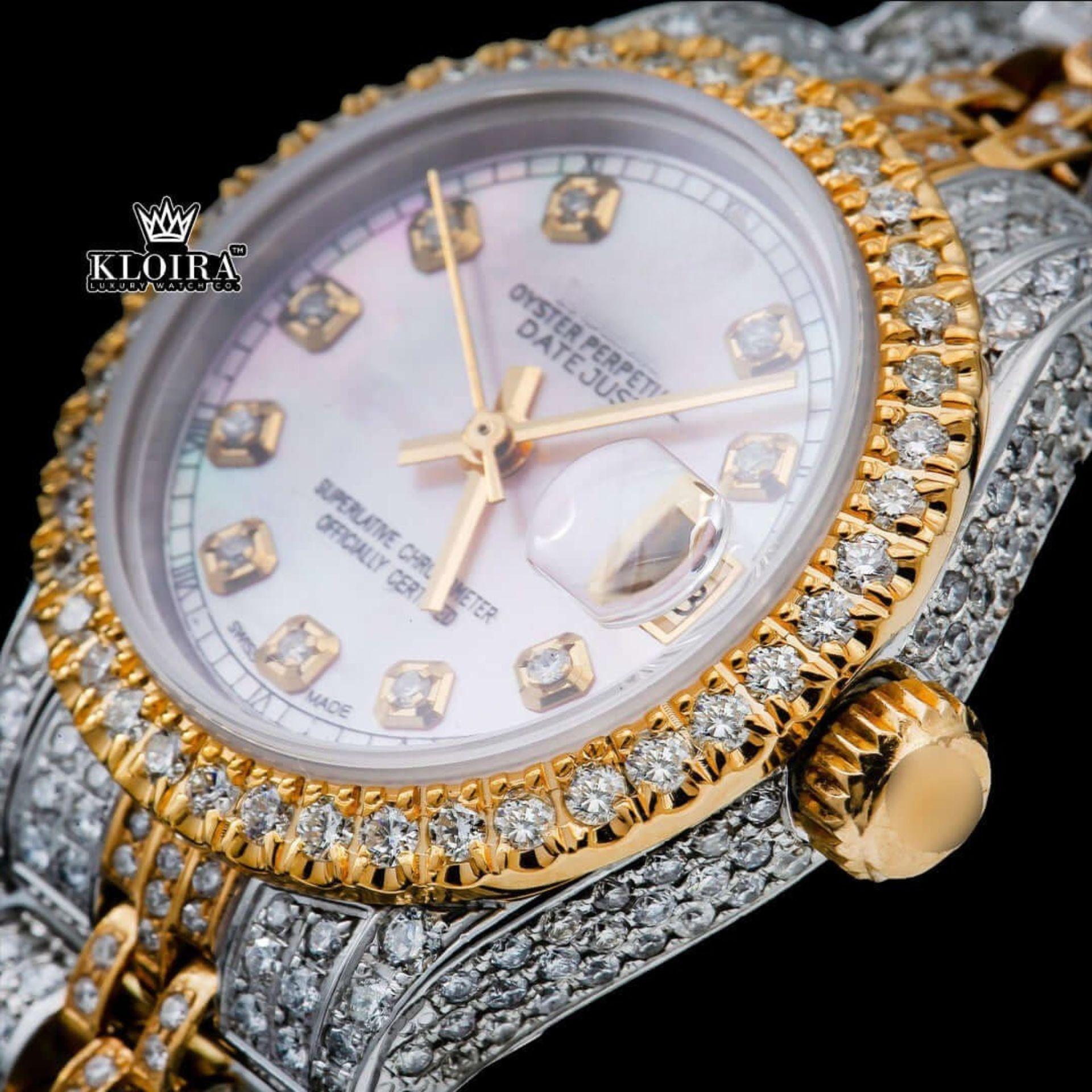 Pink Dial Diamond Markers Two Tone Moissanite Diamond Watch Full Close Up Dial View