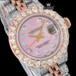 Pink Dial Diamond Markers Two Tone Rose Gold Moissanite Watch Close Up Dial View