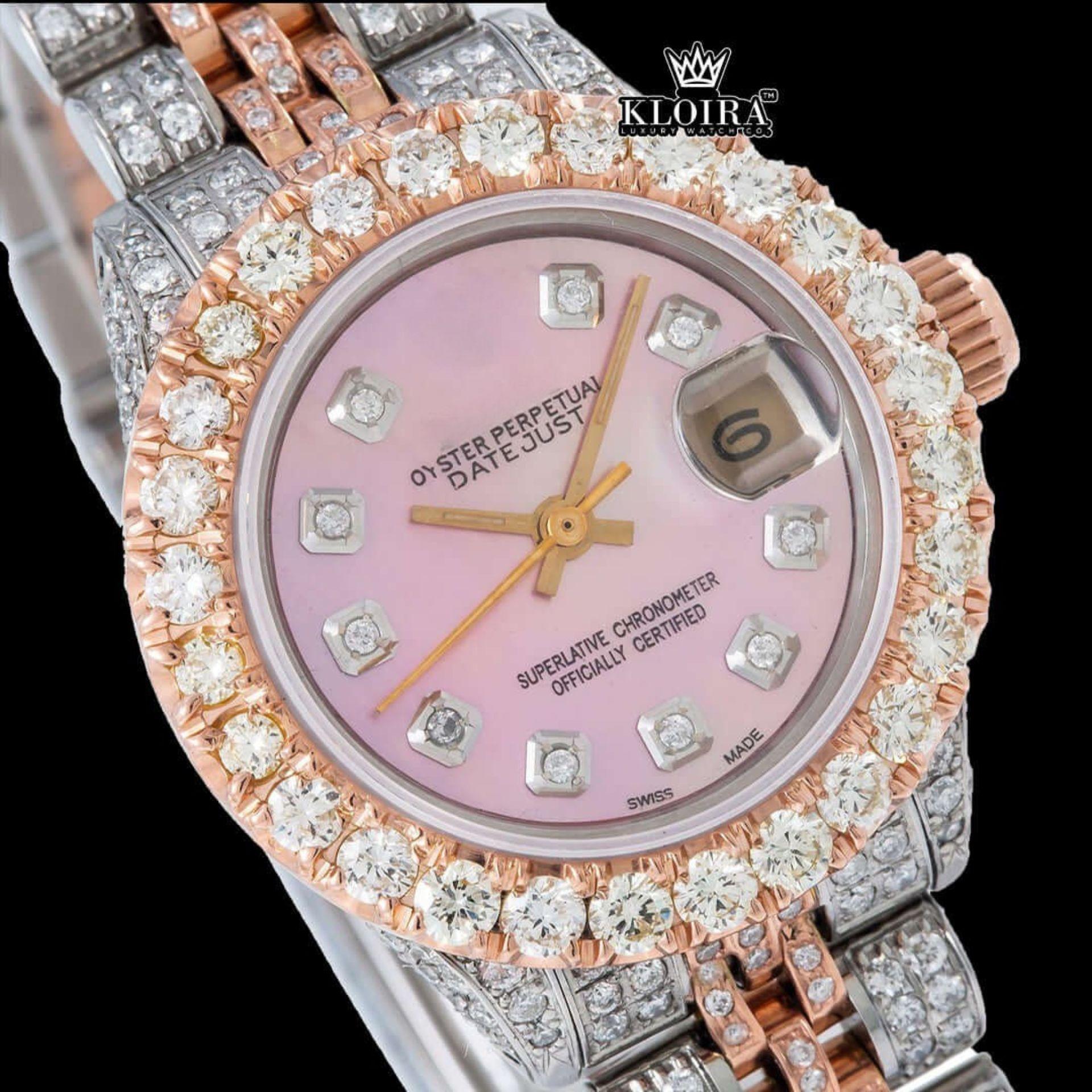 Pink Dial Diamond Markers Two Tone Rose Gold Moissanite Watch Close Up Dial View