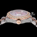 Pink Dial Diamond Markers Two Tone Rose Gold Moissanite Watch Crown View