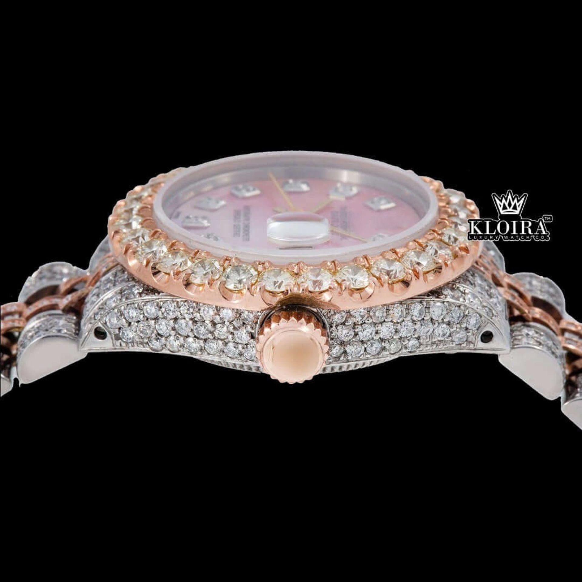 Pink Dial Diamond Markers Two Tone Rose Gold Moissanite Watch Crown View