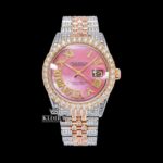 Pink Dial Yellow Roman Numerals Fully Iced Out Moissanite Diamond Watch
