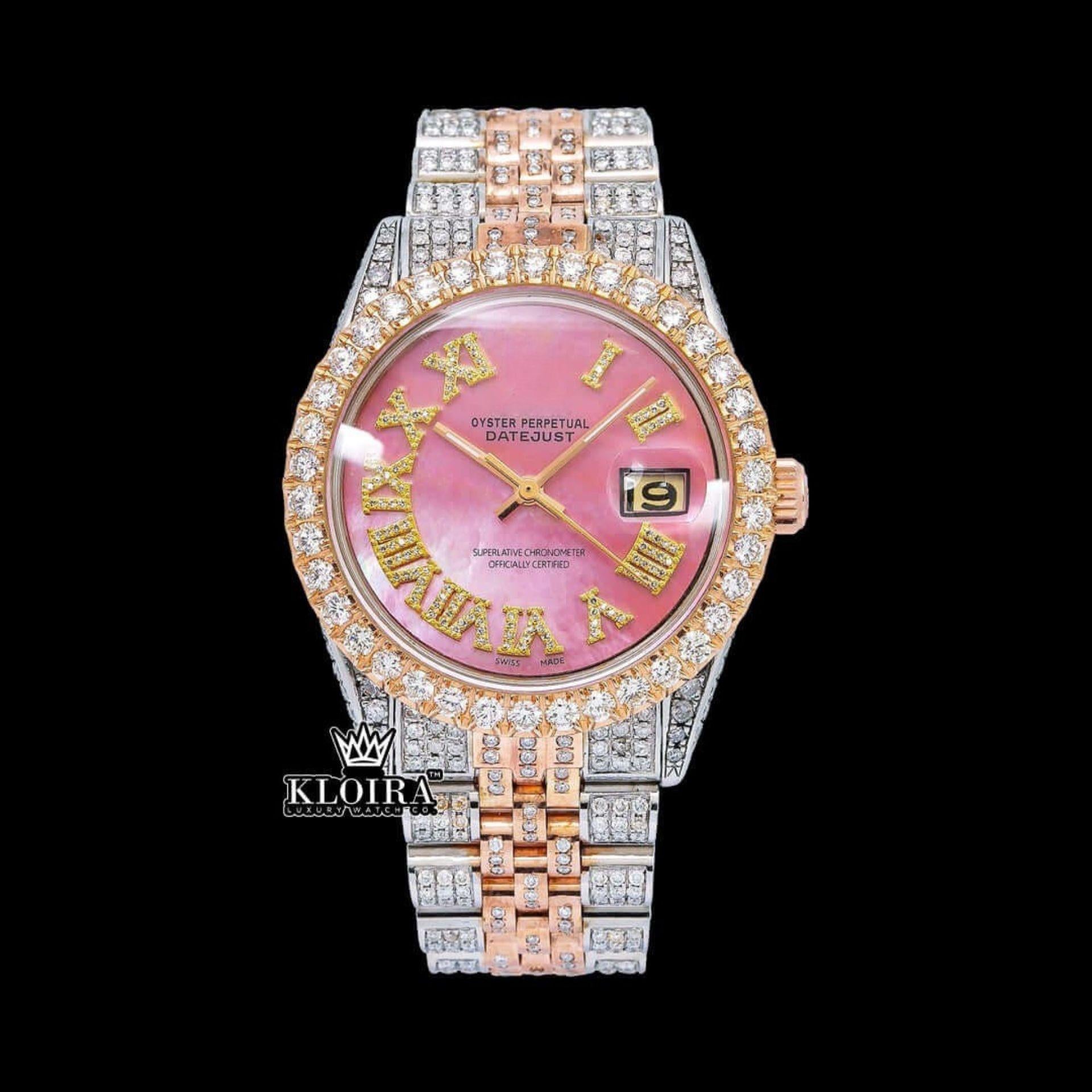 Pink Dial Yellow Roman Numerals Fully Iced Out Moissanite Diamond Watch Front View