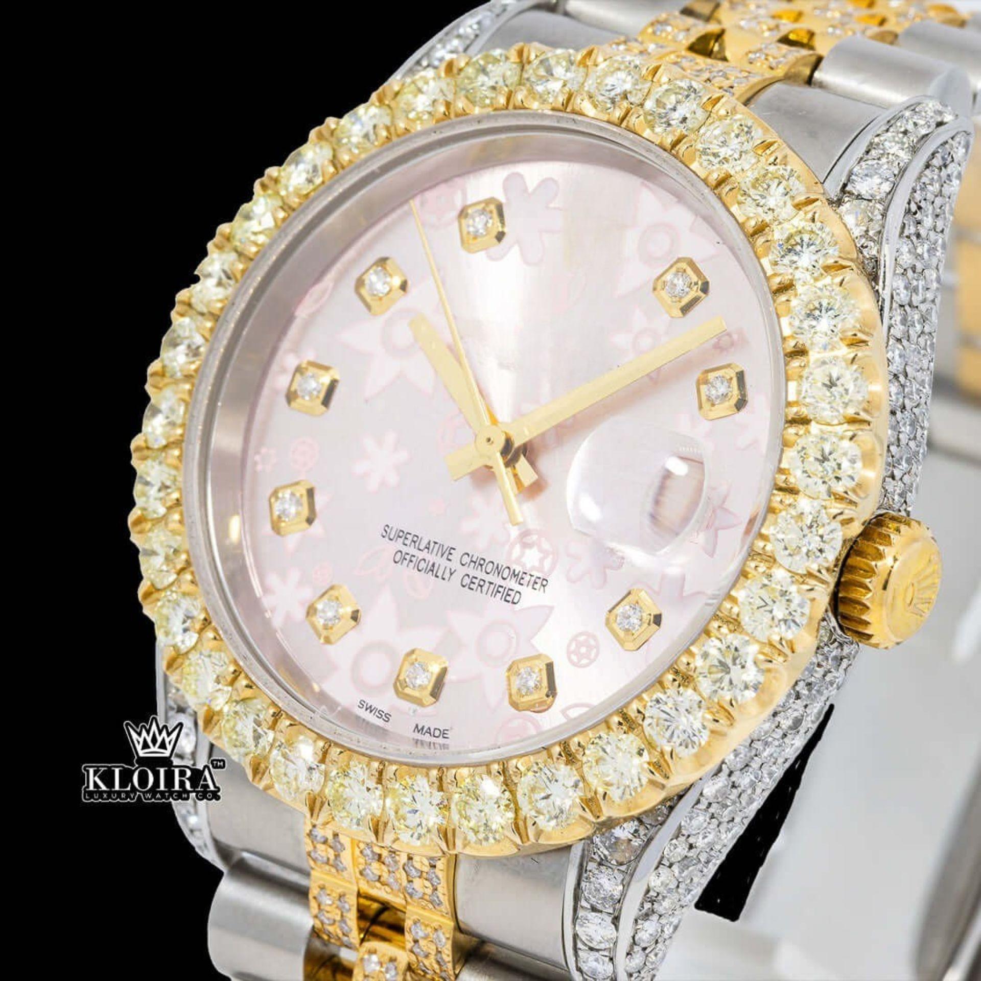 Pink Floral Dial Diamond Markers Two Tone Iced Out Moissanite Watch Close Up Dial View