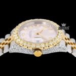 Pink Floral Dial Diamond Markers Two Tone Iced Out Moissanite Watch Crown View